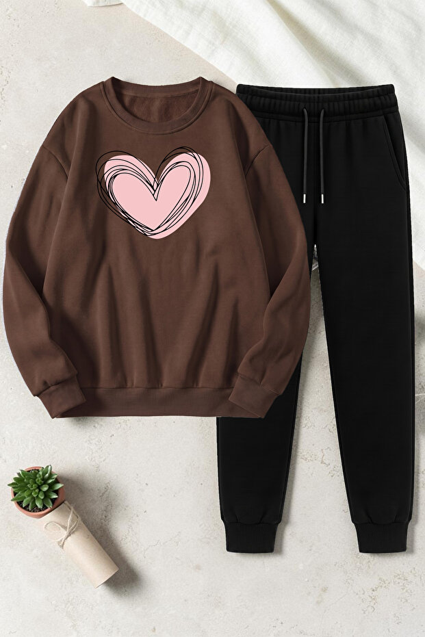 Unisex Cream Heart Printed Crew Neck Sweatshirt - 2-Piece Tracksuit Set
