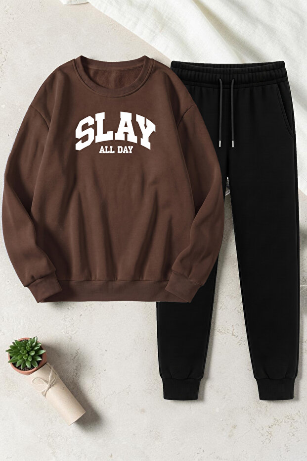 Unisex Slay All Day Printed Crew Neck Sweatshirt - 2-Piece Tracksuit Set