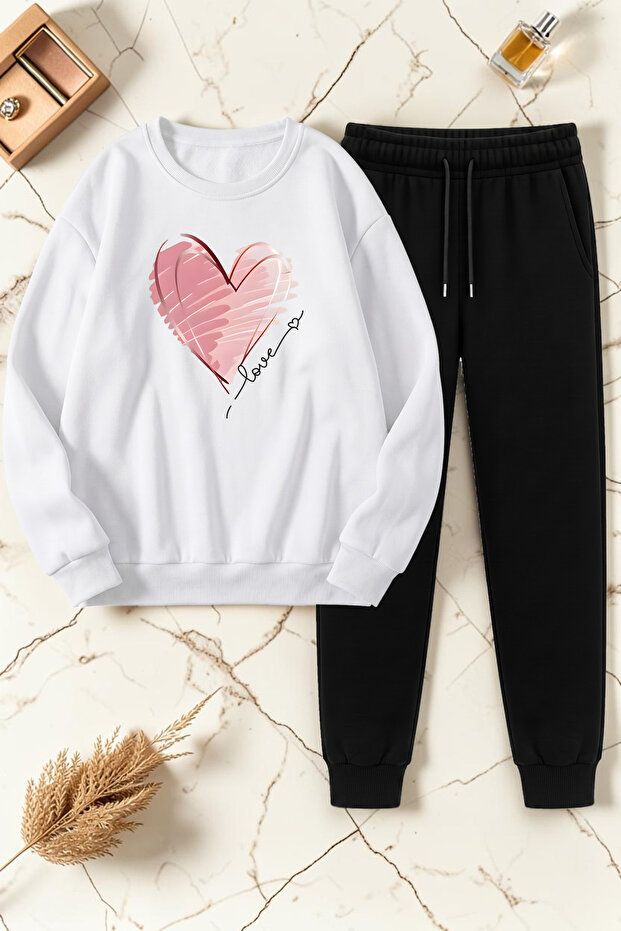 Unisex Kalp Printed Crew Neck Sweatshirt - 2-Piece Tracksuit Set