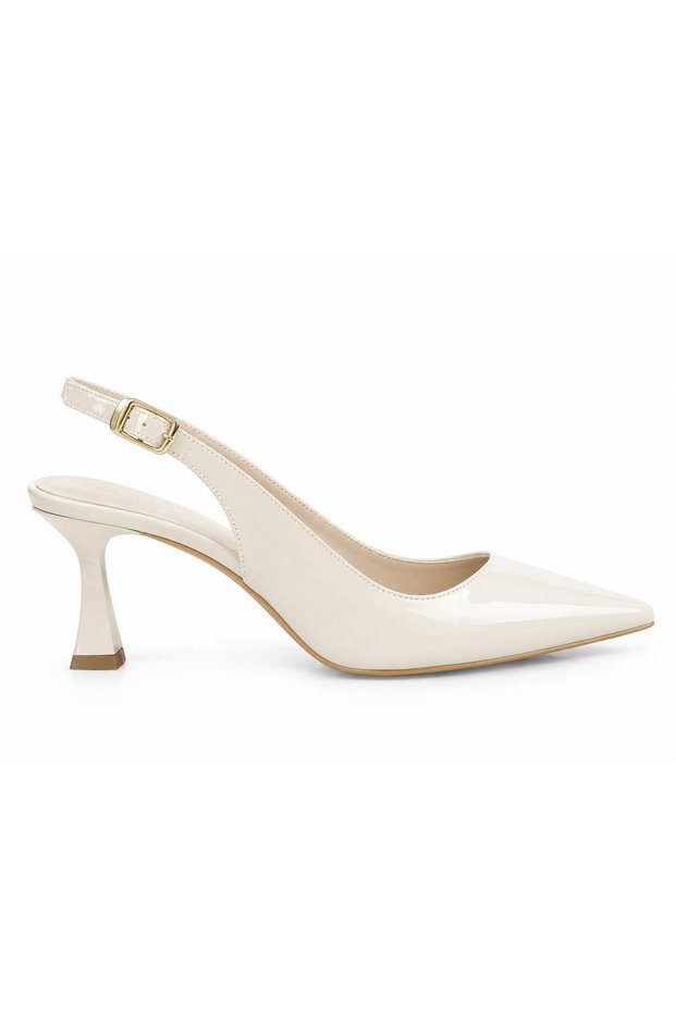 Women's Beige Patent Leather Ovis Pointed Heeled Shoes
