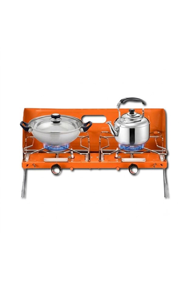 Portable 2 Burner Gas Stove with Foldable Legs, Windshield & Adjustable Flame for Camping Outdoor Cooking