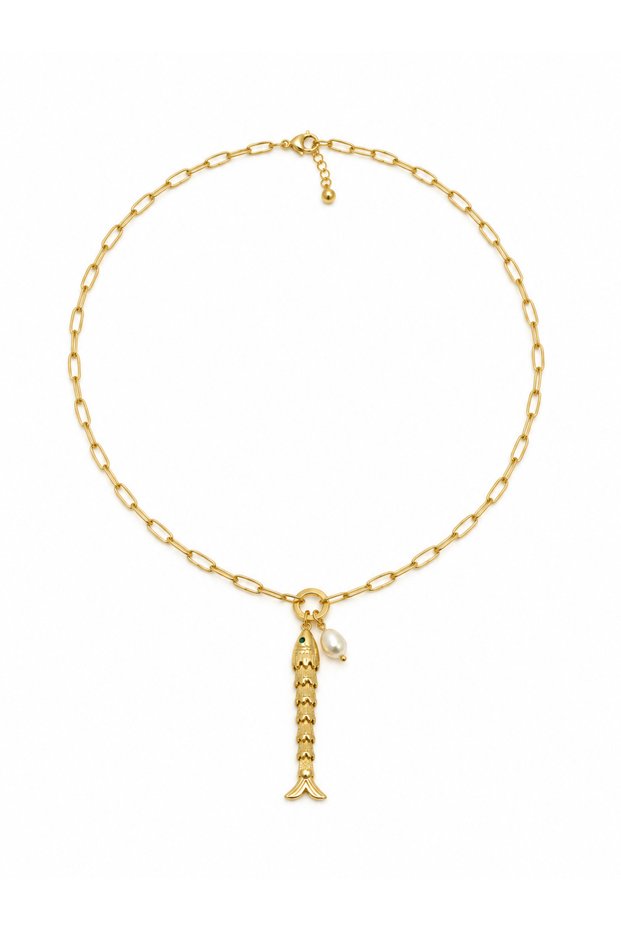Fish Figured Pearl Detailed Paperclip Chain Luck Steel Necklace