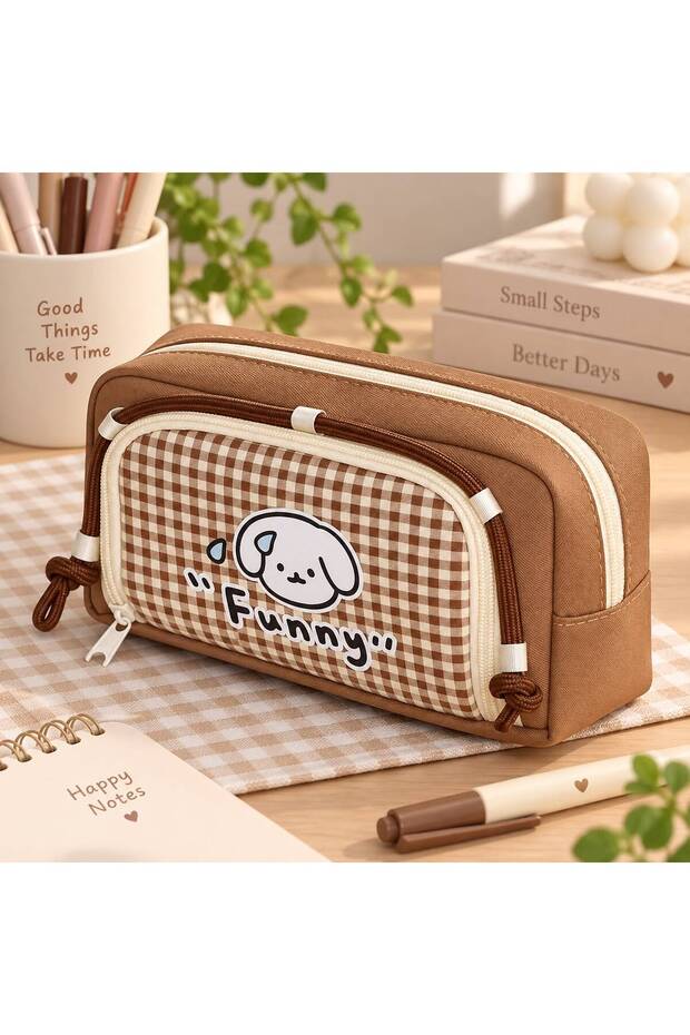 Multi-Compartment, Two-Compartment, Large Volume, Cute Dog Plaid Pattern, Unisex, for Girls and Boys, Elementary School, Middle School, High School, Pencil Holder, Pencil Case, Bag