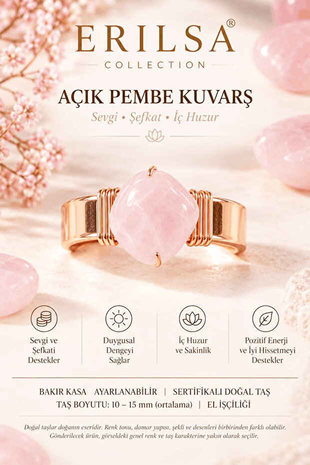 Certified Light Pink Quartz Stone Natural Stone Ring Copper Case Adjustable