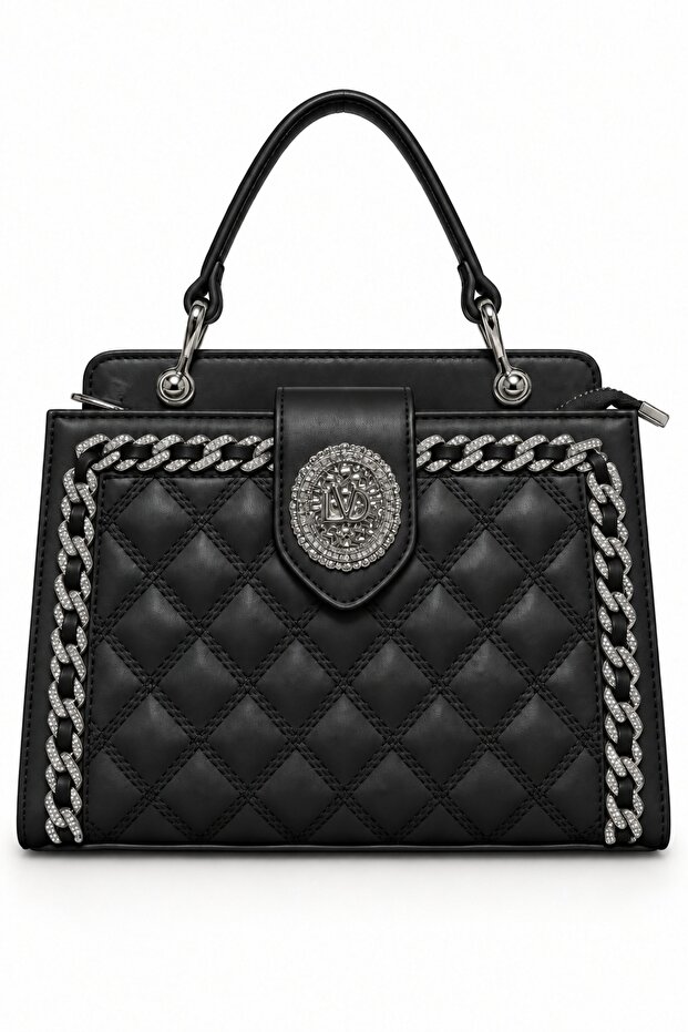 Blazer Logo and Stone Detailed Double Compartment Stylish Design Women's Hand and Shoulder Bag Black
