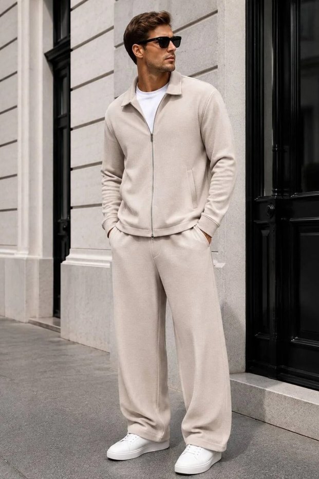 Men's Beige Crep Jacket & Baggy Pants Bottom Top 2-Piece Set Ls-16108