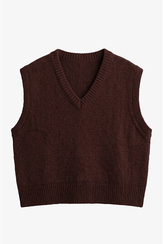 Bitter Brown V-Neck Ribbed Edge Sleeveless Sweater