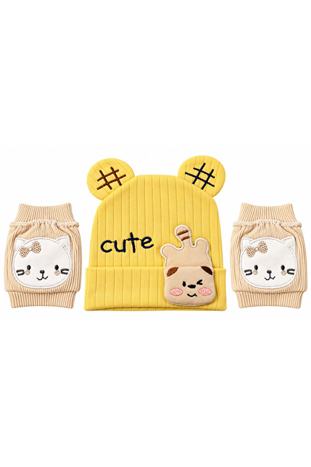 Baby Teddy Bear Hat and Knee Protector Set 2 Piece Cat Pattern Crawling Knee Pad Set