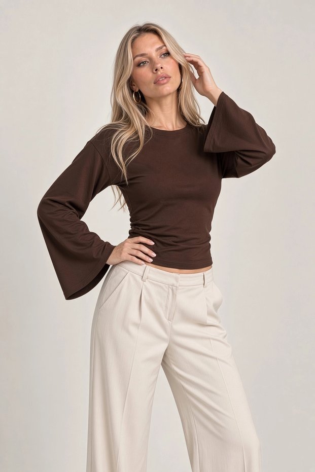 Women's Brown Waist Fit Spanish Sleeve Premium Fabric Blouse