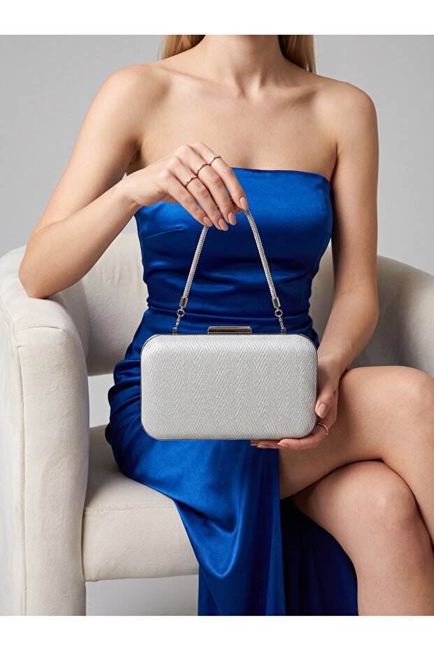 Silver Gray Lame Zigzag Laser Patterned Chain Strap Women's Evening Dress Bag Wedding Engagement Graduation