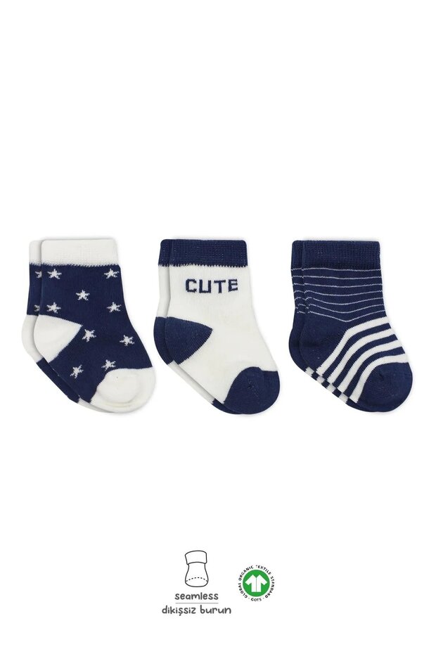 Organic Seamless 3-Piece Cute Stars Combed Cotton Socks for Babies 0-3 Months