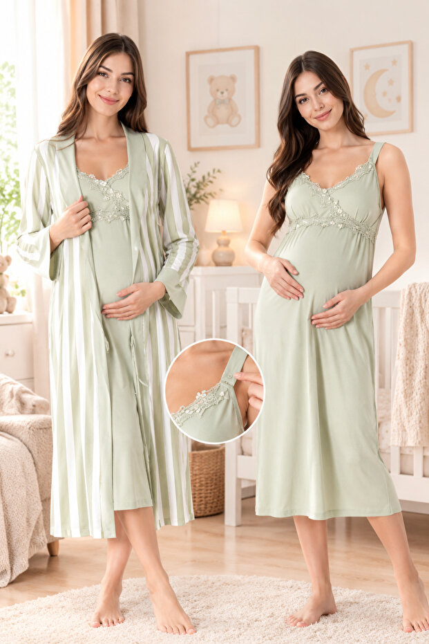 Maternity Double-Breasted Striped Nightgown Set