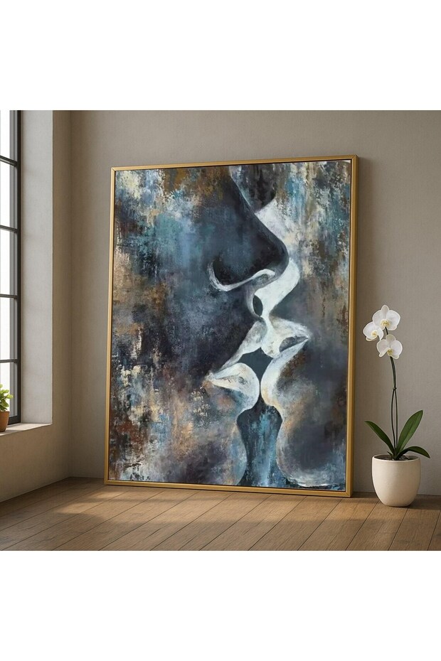 Abstract Lovers Kiss Canvas, Large Framed Art, Modern Love Print, Romantic Wall Decor 40x60 Gallery Wrapped