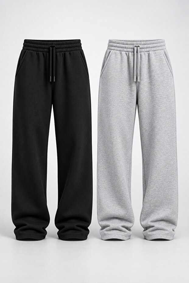 Pack of 2 Unisex Wide Leg Sweatpants Black & Gray Oversize Comfortable Fit