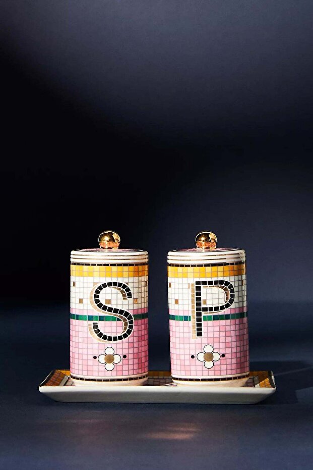 Garden Tile Hand-Painted Ceramic Salt and Pepper Shaker Set of 3 - Pink