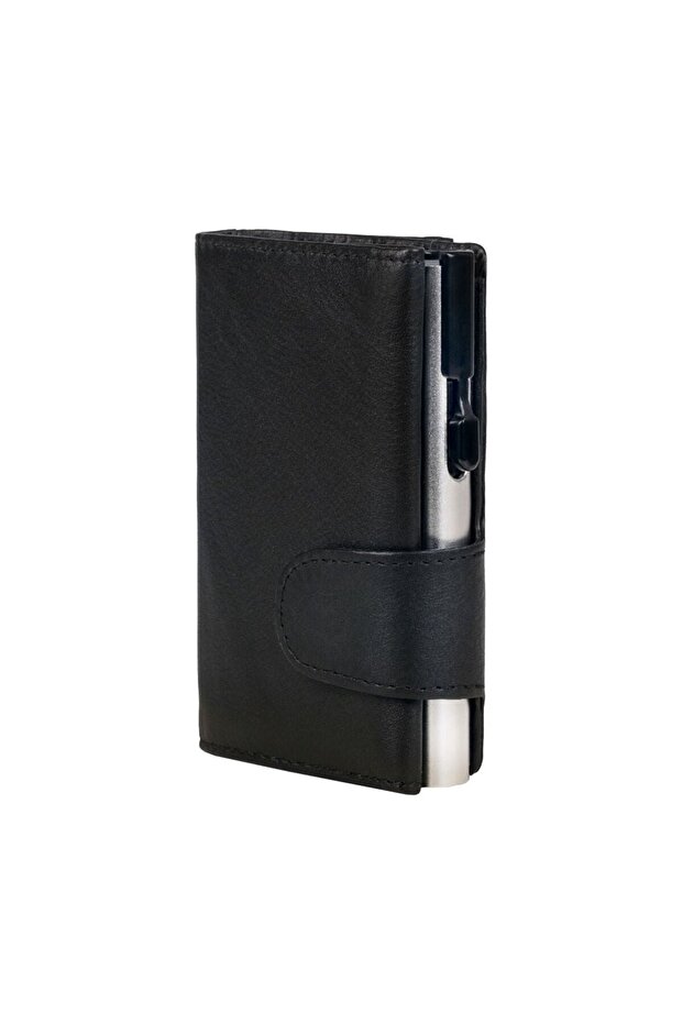 Rfid Protected Leather Card Holder 10 Cm, 8 Card Holders, Automatic Mechanism and Compact Design