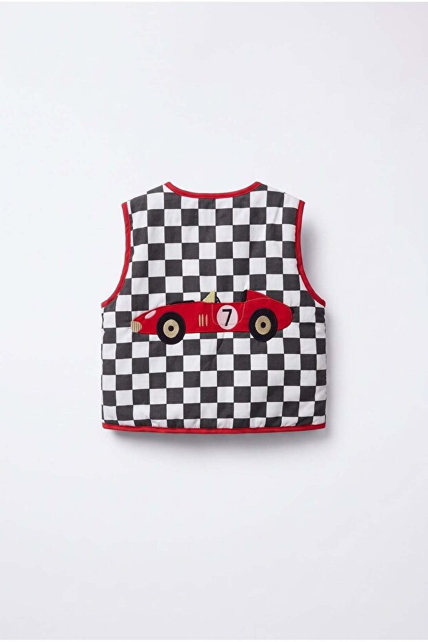 Children's Racing Patterned Black and White Checkerboard Patterned Quilted Vest