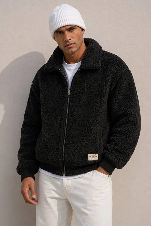 Men's Black Basic Plush Coat Ls-86042