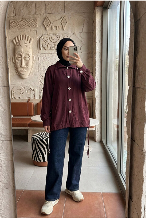 Women's Decorative Buttoned Wide Collar Lace-Up Long Tunic Jacket