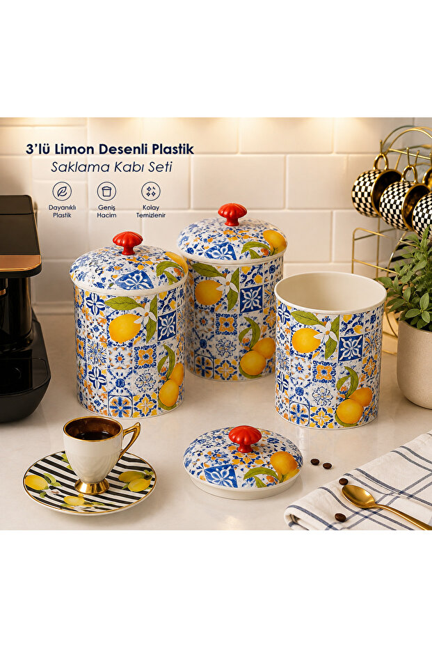 Lemon Patterned Plastic Spice Container Set – Kitchen Coffee Tea Sugar Storage Container with Lid