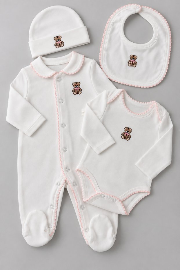 Premium Teddy Bear Embroidered 4 Piece 100% Cotton Romper Set