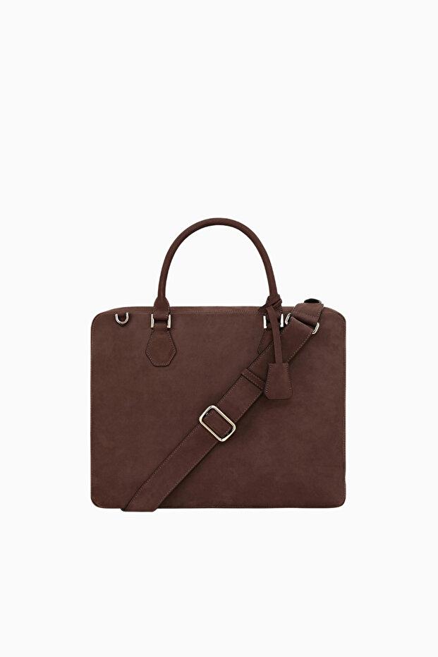 Nubuck Leather Briefcase Luxury Durable Unisex Business Bag - Brown