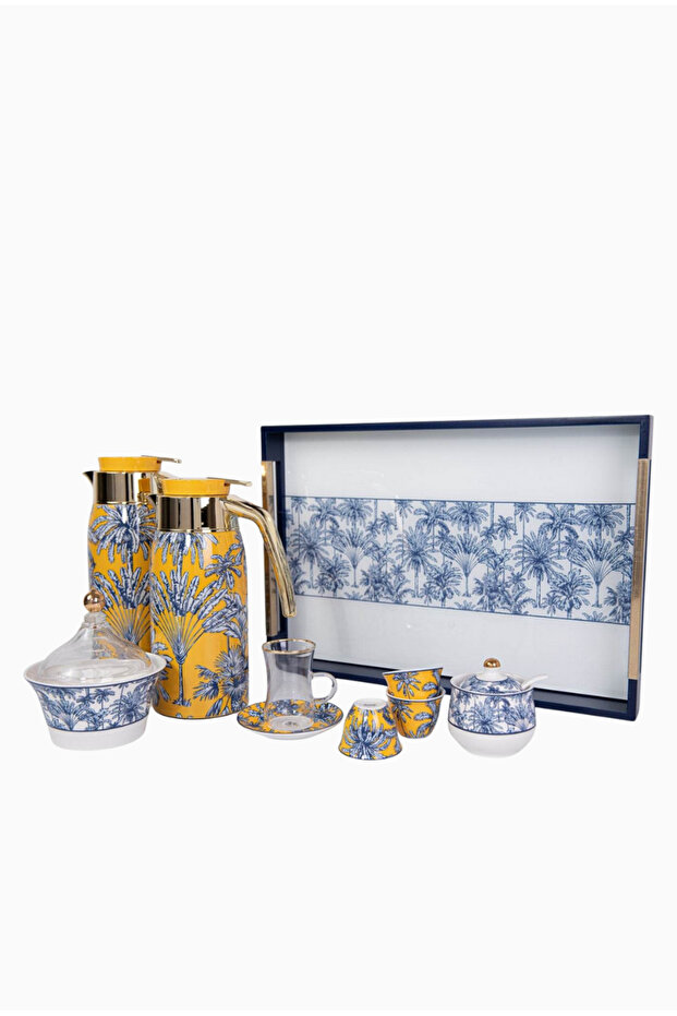 Summer Palm Set 23 Piece Porcelain Coffee Tea Set-Double Layer Thermos - 23 Piece