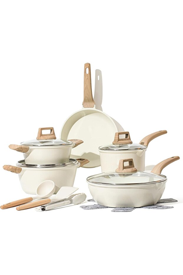 14-Piece White Granite Cookware Pots Pans Set and Non-Stick Induction Compatible Cooking Set