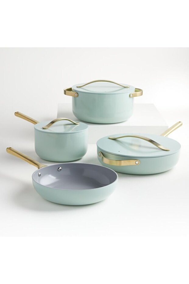 7 Piece Silt Green, Gold Non-Stick Ceramic Cookware Set