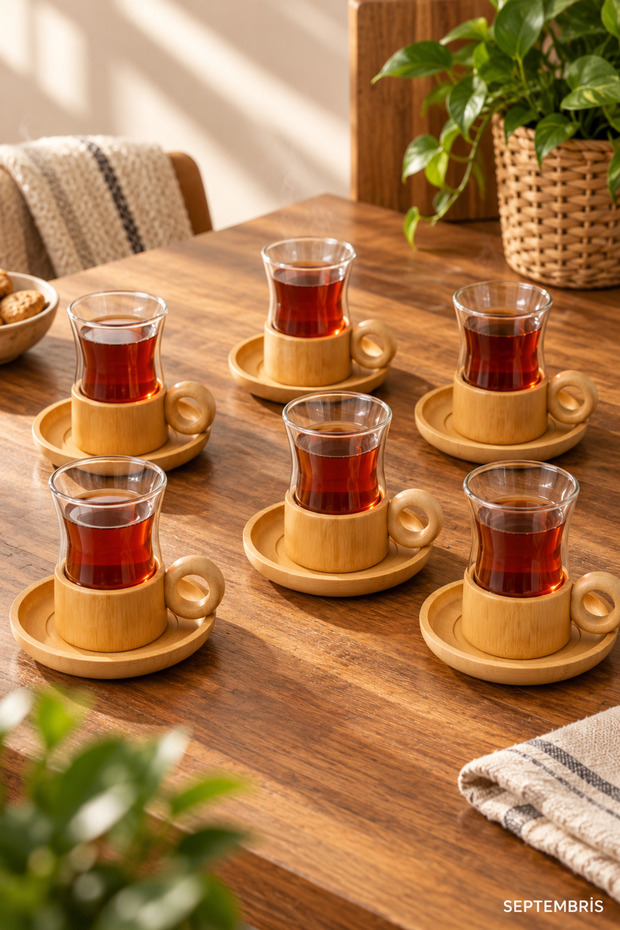 2-Piece Bamboo Tea Set – Double-Walled Glass Cup Set for 6 People