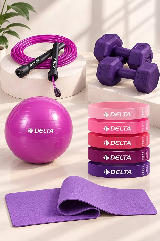 Pilates Exercise Set 6 mm Mat 5-Piece Latex Resistance Band 20 cm Ball Jump Rope 1 kg X2 Dumbbells