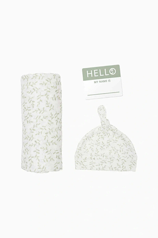 Green Patterned Bamboo Muslin Swaddle and Hat Set 120 × 120 cm - White