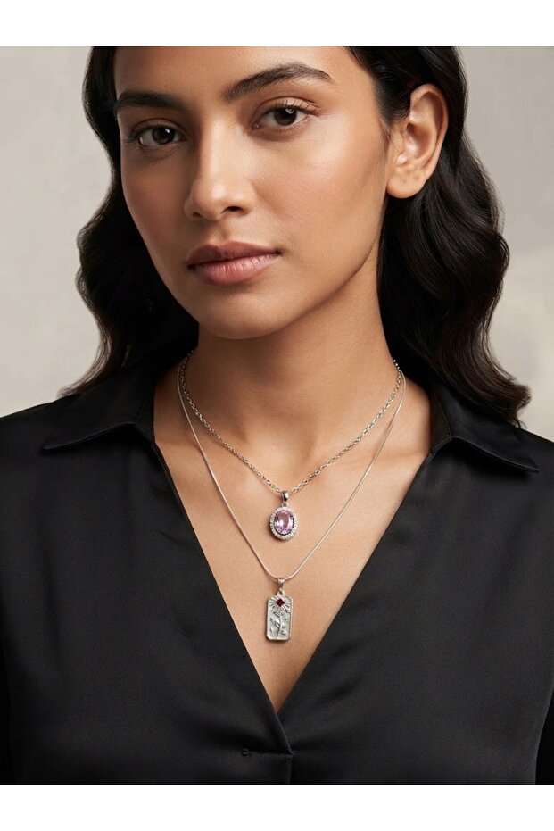 Silver Color Pink Zircon Stone and Rectangular Flower Figured Double Necklace Set