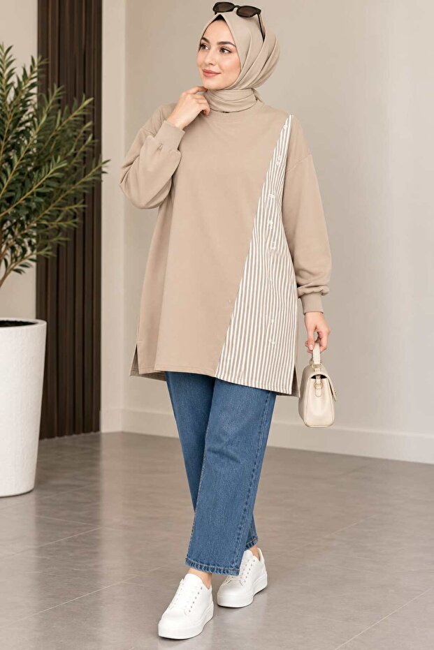 Women's Hijab Tunic with Striped Shirt Detail, Comfortable Fit Tunic