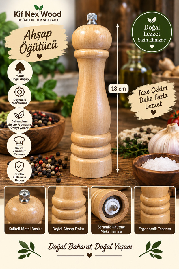Natural Wooden Spice Grinder – 18 cm