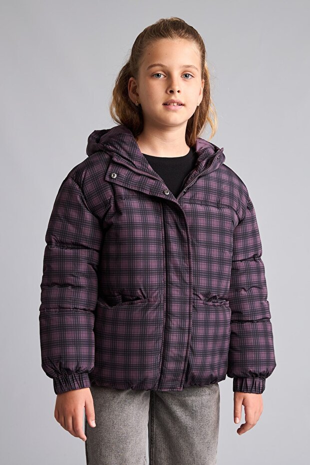 Water Repellent Plaid Patterned Puffer Hooded Puffer Coat Girl Child H2931A826Au