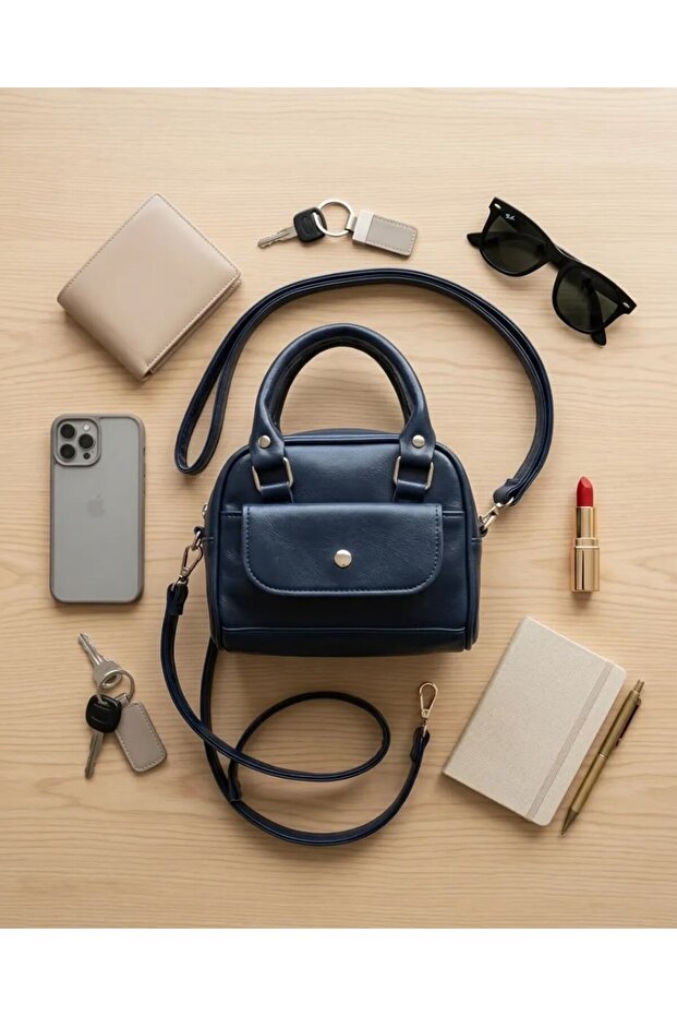 Women's Navy Blue Soft Leather Hand and Shoulder Bag with Silver Detail 18X13 cm -