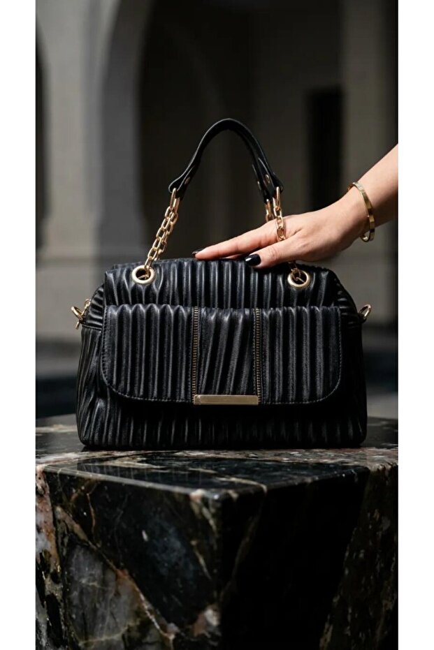 Black Shiny Soft Textured Women's Bag with Gold Accessories and Crossbody Strap -