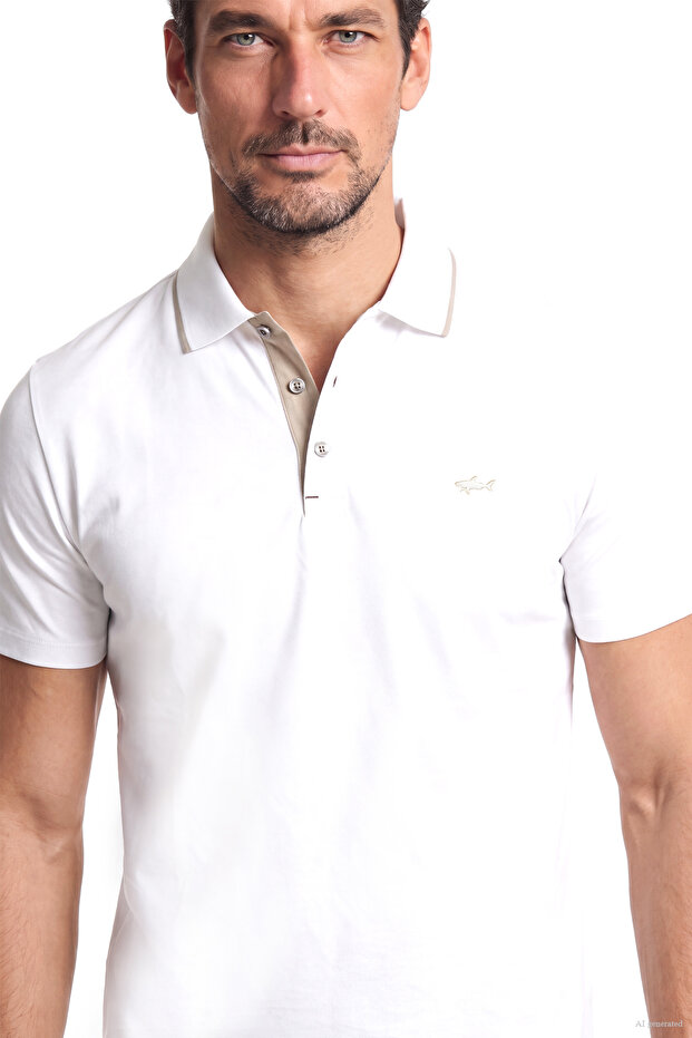 Men's Regular Fit Cotton Metallic Logo Detailed Short Sleeve White Polo Collar T-Shirt