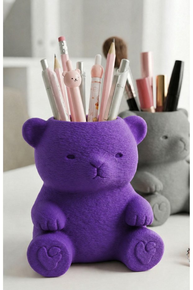 3D Printed Cute Teddy Bear Pen Holder - Desktop Organizer - Purple
