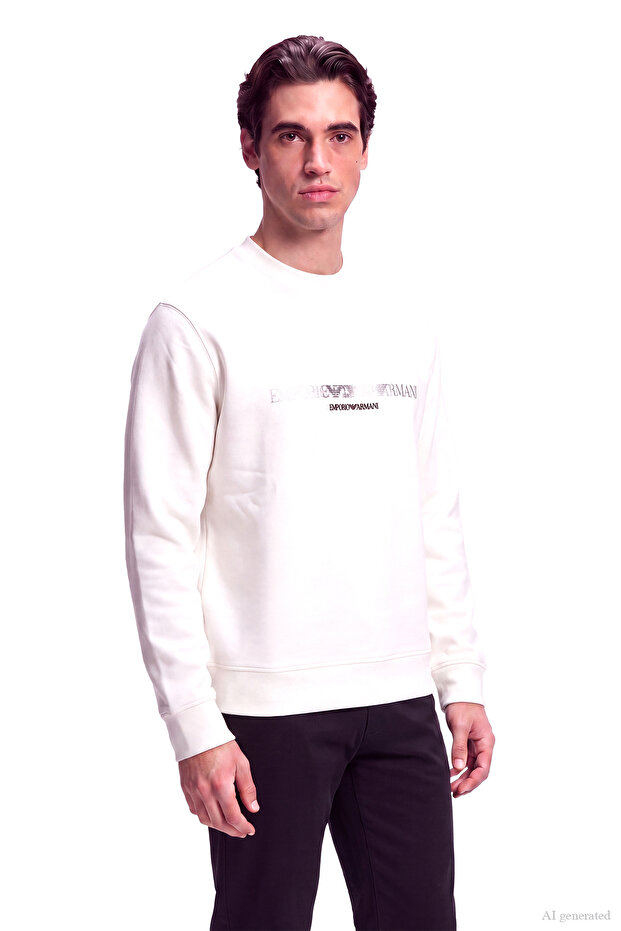 Men's Regular Fit Round Collar Logo Detailed Cotton Double Jersey Fabric White Sweatshirt