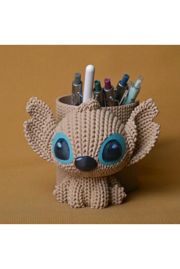 3D Printed Knitted Pen Holder - Desktop Pen Organizer with Cute Characters - Beige