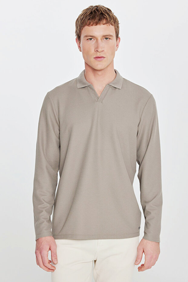 Men's Khaki Slim Fit Slim Fit Polo Neck Jacquard Stretch T-Shirt