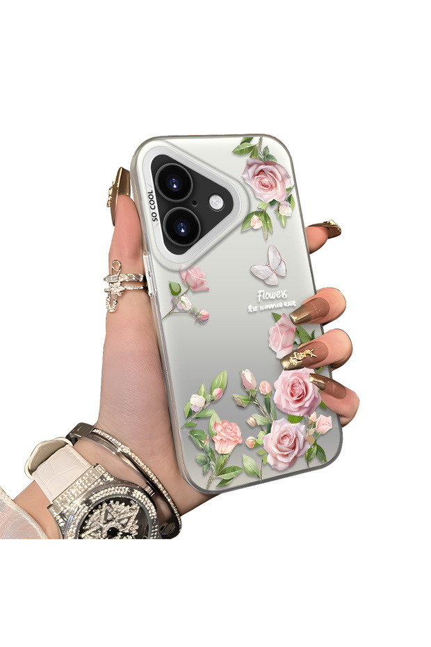 Elegant Pink Rose Butterfly Case Compatible with iPhone 16 Plus, Slim Structure Fits the Phone Perfectly