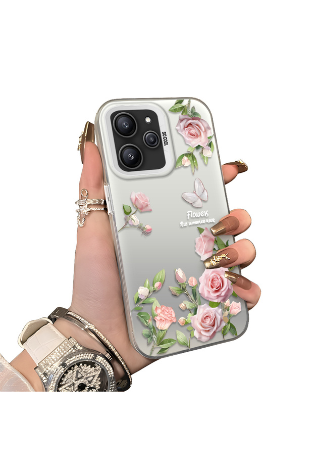 Redmi 12 4G/5G Compatible Elegant Pink Rose Butterfly Case, Slim Structure Perfectly Fits the Phone