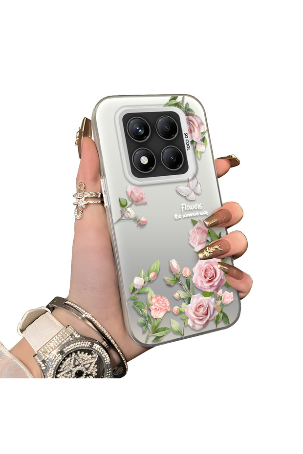 Redmi Note 14 Pro 4G/5G Compatible Elegant Pink Rose Butterfly Case, Slim Structure Perfectly Fits the Phone