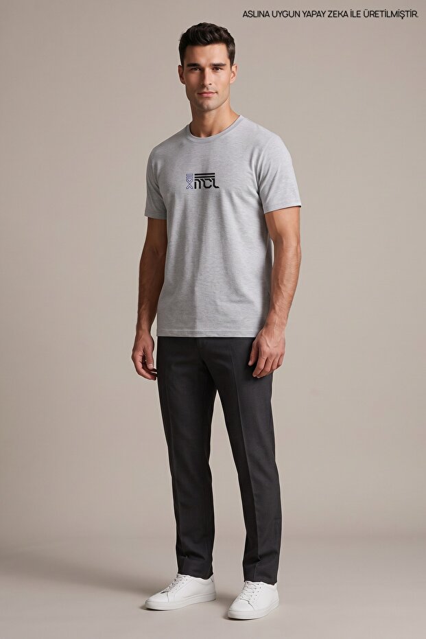 Gray Men's Monogram Printed Crew Neck Loose Fit T-Shirt