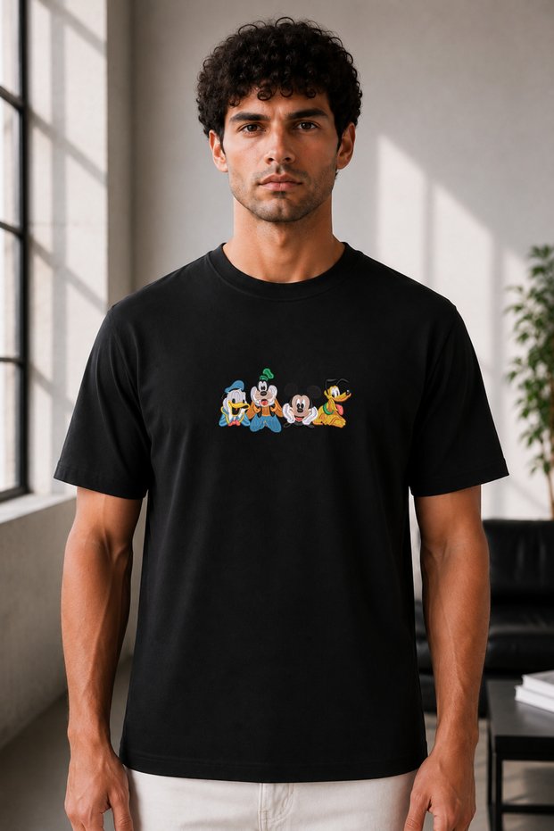 Unisex Oversize Disney Mickey and Friends Embroidered Anime T-Shirt 100% Cotton