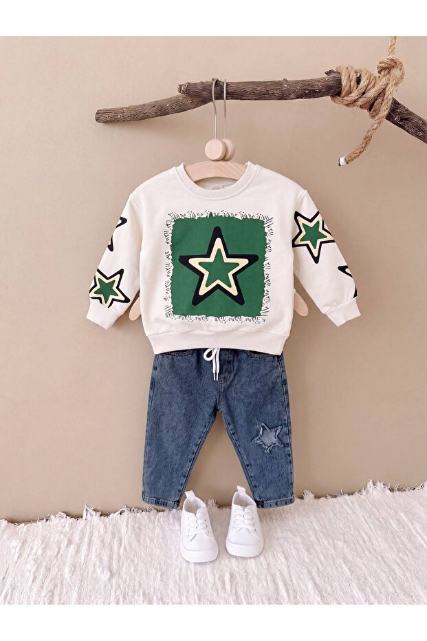 Boy's Oversize 2 Thread Swetshirt with Embroidery Detail Denim Trousers 2-Piece Set