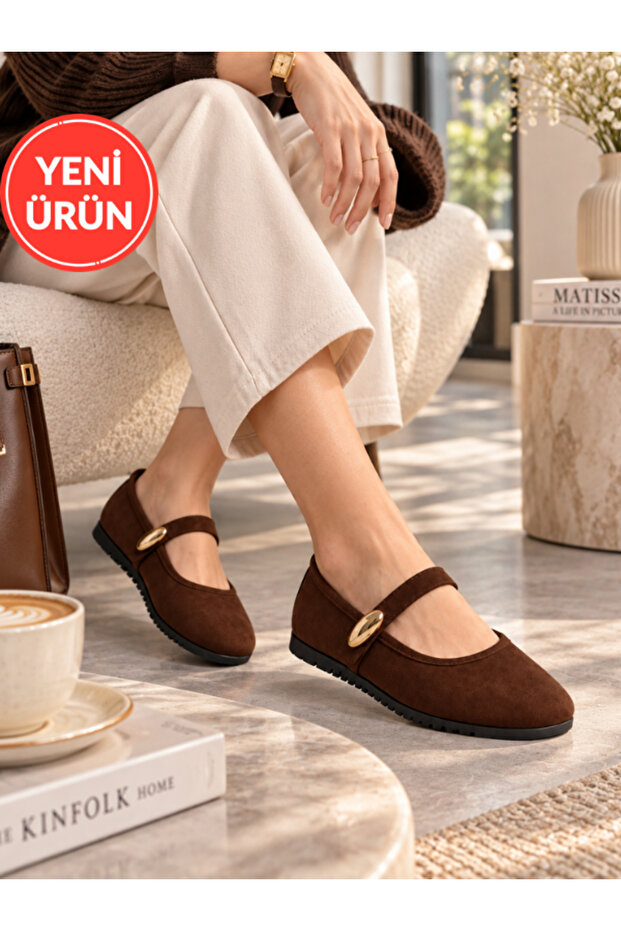 Women's Brown Suede Gold Buckle Mary Jane Daily Ballet Flats Thick Comfortable Soft Sole Stc1350